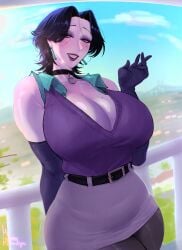 1girl 1girls 2026 big_breasts birthmark_on_breasts black_hair choker cleavage earrings female female_only gloves herlyn_(mrhernan) huge_breasts looking_at_viewer mrhernandrawings oc original_character short_hair skirt smile smiling teeth