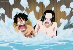 1boy 1girls accurate_art_style ai_generated bathroom big_breasts black-haired_female black-haired_male black_hair blush boa_hancock breasts comic comic_page earrings empress luffy male/female mature mixed_bathing monkey_d_luffy nipple one_piece onsen pre-timeskip water