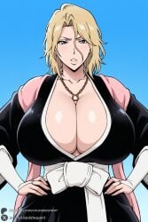1female 1girl 1girls 2026 ai_generated artist_name big_ass big_breasts black_kimono bleach bleach:_the_thousand-year_blood_war blonde_hair blue_background blue_eyes breasts cleavage curvy hair_between_eyes hands_on_hips haori hi_res high_quality high_resolution highres huge_ass huge_breasts japanese_clothes jewelry kimono long_hair looking_at_viewer matsumoto_rangiku mole mole_under_mouth necklace parted_lips patreon patreon_username rangiku_matsumoto solo unjobdespiert watermark