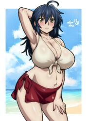 absurdres ahoge arm_up armpits blue_hair blush breasts crop_top highres large_breasts loincloth looking_at_another manyuu_chifusa manyuu_hikenchou midriff outie_navel pregnant rotomdocs yellow_eyes