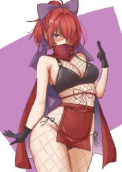 1girl 1girls bare_arms bare_shoulders belly belly_button big_breasts bikini bikini_bottom bikini_top black_bikini black_bra black_gloves black_panties blue_bow blue_bowtie blue_ribbon bow bowtie bra breasts cameltoe cape cleavage cloak covered_mouth cowboy_shot fishnet_stockings fishnets gloves hair_bow hair_over_one_eye half-dressed half_naked half_naked_female half_nude half_nude_female high_ponytail kuraki large_breasts long_hair looking_at_viewer mouth_covered navel ninja one_eye_covered panties pelvic_curtain ponytail red_cape red_cloak red_eyes red_hair ribbon sekibanki shaded_face shinobi short_hair side_tie_panties solo solo_female solo_focus standing stomach swimsuit thick_thighs thighs tied_hair touhou wide_hips wide_thighs