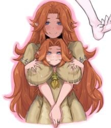 2girls age_difference ascot between_breasts blush breasts commentary covered_nipples damagefloor dual_persona face_between_breasts grabbing_another's_breast groping head_between_breasts hug hug_from_behind lactation lactation_through_clothes long_hair malon multiple_girls onee-loli parted_bangs pointy_ears selfcest sweat the_legend_of_zelda the_legend_of_zelda:_ocarina_of_time untranslatable_commentary upper_body very_long_hair yellow_ascot yuri