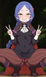 ai_generated blue_hair braid braided_hair cape clothed green_eyes hair_ornament legs_spread meili_portroute naughty_face naughty_smile peace_sign perky_breasts petite_body petite_female pussy_outline re:zero_kara_hajimeru_isekai_seikatsu saliva small_breasts squatting thick_thighs tights tongue_out
