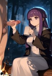 1boy 1girl ai_generated bangs bare_tree blunt_bangs breasts clothed_female_nude_male cup dress emotionless_sex erection fern_(sousou_no_frieren) frieren_beyond_journey's_end handjob hetero large_penis long_hair night nude outdoors penis penis_awe purple_eyes purple_hair sidelocks sitting sky solo_focus sousou_no_frieren sunori testicles tree uncensored