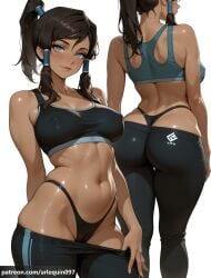 1girl ai_generated arlequin097 artist_name ass back bare_shoulders black_hair black_panties black_pants black_sports_bra blue_eyes blue_sports_bra blush breasts brown_hair cameltoe closed_mouth clothes_pull collarbone covered_nipples dark-skinned_female dark_skin from_behind hair_tubes high_ponytail highleg highleg_panties korra large_breasts linea_alba long_hair looking_at_viewer median_furrow medium_breasts multiple_views navel panties pants pants_pull patreon_logo patreon_username ponytail pulled_by_self shiny_skin simple_background skindentation smile sports_bra sportswear stomach the_legend_of_korra thighs thong toned underwear white_background yoga_pants