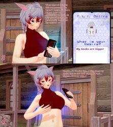 1girls 3d breast_expansion cat_ears cat_tail commission english_text female female_focus final_fantasy final_fantasy_xiv gray_hair growth koikatsu miqo'te oc original_character phone reality_warping text xavierhuge yae_yoshizawa