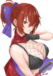 1girl 1girls bare_arms bare_shoulders big_breasts bikini bikini_top black_bikini black_bra black_gloves black_panties blue_bow blue_bowtie blue_ribbon bow bowtie bra breasts cape cleavage cloak covered_mouth fishnet_stockings fishnets gloves hair_bow hair_over_one_eye half-dressed half_naked half_naked_female half_nude half_nude_female high_ponytail katana kuraki large_breasts long_hair looking_at_viewer looking_up looking_up_at_viewer mouth_covered ninja one_eye_covered open_mouth ponytail red_cape red_cloak red_eyes red_hair ribbon sekibanki shinobi short_hair solo solo_female solo_focus standing swimsuit sword thick_thighs thighs tied_hair touhou upper_body upper_body_focus upper_body_only wide_hips wide_thighs