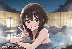 1girl ai_generated bangs bathing blush breasts brokewyt brown_hair collarbone completely_nude grin hi_res high_quality high_resolution highres kono_subarashii_sekai_ni_shukufuku_wo! konosuba looking_at_viewer megumin night night_sky nude onsen outdoors partially_submerged red_eyes rock short_hair_with_long_locks sidelocks sky small_breasts smile solo star_(sky) starry_sky steam uncensored upper_body v water wet
