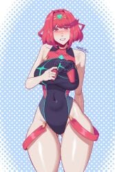 1girl absurdres arm_behind_back ass_visible_through_thighs big_breasts black_leotard blue_background blush breasts collarbone commentary controller covered_navel dedhed_art english_commentary game_controller halterneck highleg highleg_leotard highres holding holding_controller holding_game_controller large_breasts leotard looking_at_viewer nintendo polka_dot polka_dot_background pyra pyra_(pro_swimmer)_(xenoblade) pyra_(xenoblade) red_eyes red_hair signature solo tiara two-tone_background white_background wide_hips xenoblade_(series) xenoblade_chronicles_(series) xenoblade_chronicles_2