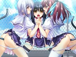 3girls anal anal_insertion black_hair blue_eyes blush buttplug_tail game_cg goshujinsama_daisuki kuu_spitfire long_hair multiple_girls murakumo_sakura open_mouth panties red_eyes red_hair school_uniform shishiouin_hime silver_hair skirt underwear yellow_eyes