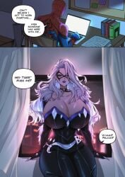 1boy 1boy1girl 1girls 2026 black_cat_(marvel) black_cat_(marvel_rivals) black_choker books choker comic_panel computer dialogue earring felicia_hardy female laptop male marvel marvel_comics marvel_rivals peter_parker ryuukusnpaiarts spider-man spider-man_(marvel_rivals) spider-man_(series) text text_bubble