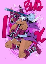 alternate_version_available areola_slip areolae bare_shoulders big_breasts blush boots breasts breasts_bigger_than_head cleavage color_edit colored dark-skinned_female dark_magician_girl dark_skin duel_monster female female_focus female_only hair_between_eyes hat holding huge_breasts large_breasts long_hair looking_at_viewer lurking_judgement nipple_slip nipples no_bra open_mouth pink_eyes pobotto self_upload silver_hair smile solo solo_female solo_focus wardrobe_malfunction yu-gi-oh!