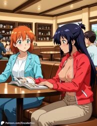 2girls ai_generated book breasts cafe casual casual_nudity encoder female indoors jacket nipples no_bra open_clothes open_jacket pants public public_exposure public_nudity reading reading_book sitting table window