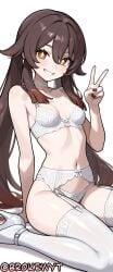 1girl ai_generated bangs bare_shoulders black_nails blush bra breasts brokewyt brown_hair choker garter_belt genshin_impact grin hi_res high_heels high_quality high_resolution highres hoyoverse hu_tao_(genshin_impact) lingerie long_hair looking_at_viewer nail_polish navel panties red_eyes simple_background sitting small_breasts smile solo stomach symbol-shaped_pupils thighhighs twintails uncensored underwear underwear_only v very_long_hair wariza white_background white_bra white_choker white_footwear white_panties white_thighhighs