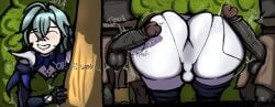 bad_anatomy balls_under_clothes big_ass big_penis bush femboy genshin_impact hi hilichurls_(species) huge_ass huge_cock imminent_anal imminent_sex kruabo lohen_(genshin_impact) nervous_smile simple_background tagme throbbing_penis tree yaoi