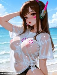 1girl ai_generated arlequin097 arm_behind_back arm_behind_head arm_up beach bikini bikini_bottom_only bikini_under_clothes black_bikini blue_sky blush breasts brown_eyes brown_hair cloud covered_navel covered_nipples d.va day facepaint facial_mark headphones headset highleg highleg_swimsuit large_breasts lips long_hair looking_at_viewer navel nipples no_bra ocean one-piece_swimsuit outdoors overwatch overwatch_2 parted_lips pink_lips see-through see-through_shirt shirt short_sleeves sky solo swimsuit t-shirt tied_shirt water wet wet_clothes wet_shirt whisker_markings white_shirt