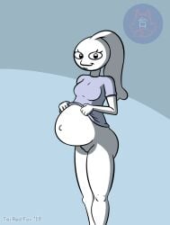 female flurk humanoid long_hair looking_at_viewer pregnant pregnant_belly pussy stonetoss tagme tairedfox topwear topwear_only vagina webcomic webcomic_character white_body white_skin wholesome
