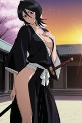 1girl ai_generated black_hair black_kimono bleach blush breasts cherry_blossoms cleavage closed_mouth collarbone digitalwaifugallery hair_between_eyes hand_on_own_chest hi_res high_quality high_resolution japanese_clothes katana kimono long_sleeves looking_at_viewer medium_breasts no_bra no_panties open_clothes outdoors patreon purple_eyes rukia_kuchiki seductive sexy sheath sheathed short_hair smile solo standing sword uncensored watermark weapon wide_sleeves