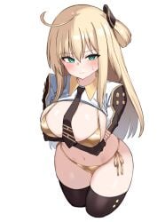 1girls bikini blonde_hair blush boobs bra closed_mouth crossing_arms curvy duel_monster embarrassed exposed_breasts female female_only fringe golden_bikini green_eyes hand_on_breast hi_res konami large_breasts legwear light_skin looking_at_viewer navel nervous nervous_smile ribbon school_uniform simple_background sky_striker_ace_-_raye sky_striker_ace_raye solo stockings sweatdrop teeth teeth_showing thighs tie underwear uniform white_background wide_hips younger_female yu-gi-oh!