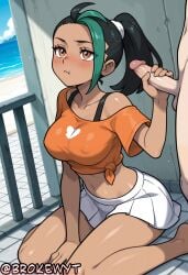 1boy 1girl :t ai_generated beach black_hair blush breasts brokewyt closed_mouth clothed_female_nude_male collarbone covered_nipples crop_top dark-skinned_female dark_skin day freckles green_hair handjob hetero hi_res high_quality high_resolution highres large_breasts long_hair midriff miniskirt multicolored_hair navel nemona_(pokemon) off-shoulder_shirt off_shoulder orange_eyes orange_shirt outdoors penis pleated_skirt pokemon pokemon_sv ponytail shirt short_sleeves sitting skirt solo_focus streaked_hair tied_shirt uncensored wariza white_skirt