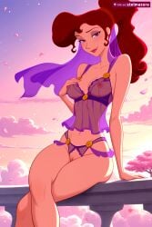 1girl ai_assisted ai_generated breasts brown_hair cloud crossed_legs crotchless crotchless_panties disney disney_princess lingerie long_hair looking_at_viewer makeup medium_breasts megara megara_(disney) navel nipples panties patreon petals ponytail purple_eyes pussy see-through sitting sky smile solo stelmazura sunset uncensored underwear veil