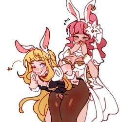 2girls animal_ears black_leotard blonde_hair breasts cagliostro_(granblue_fantasy) covering_face crayaks crying crying_with_eyes_open djeeta_(granblue_fantasy) futa_with_female futanari granblue_fantasy highres leotard long_hair multiple_girls oc_x_canon one_eye_closed original pantyhose pink_hair playboy_bunny rabbit_ears small_breasts tears thick_thighs thigh_sex thighs tongue tongue_out white_leotard