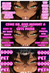 ai_generated black_hair blowjob caption dark_skin dominant_female ejaculation ejaculation_in_mouth fellatio gdala_fia gdala_fia_(series) gdalafia green_eyes huge_breasts looking_at_viewer mommy_kink multiple_views petplay text