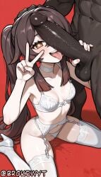 1boy 1girl abs ai_generated blush bra breasts brokewyt brown_hair choker collarbone dark-skinned_male dark_skin erection garter_belt genshin_impact hand_on_another's_head hetero hi_res high_heels high_quality high_resolution highres hoyoverse hu_tao_(genshin_impact) interracial lace_trim large_penis lingerie long_hair looking_at_viewer navel open_mouth panties penis penis_awe penis_on_face precum pussy pussy_juice red_background simple_background sitting small_breasts solo_focus symbol-shaped_pupils testicles thighhighs tongue tongue_out twintails uncensored underwear v wariza white_bra white_choker white_panties