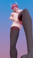 3d 3d_(artwork) alternate_costume female freckles freja_(overwatch) green_eyes looking_at_viewer masturbation overwatch pink_hair stepped_on still_image thighhighs
