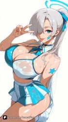 1girl :p ai_generated alternate_costume alternate_hairstyle artist_name asuna_(blue_archive) asuna_(bunny)_(blue_archive) asuna_(bunny_girl)_(blue_archive) asuna_(school_uniform)_(blue_archive) bangs bare_shoulders blue_archive blue_eyes breasts cheerleader choker cleaning_&_clearing_(blue_archive) cleavage grey_hair hair_over_one_eye hair_ribbon halo hibiki_(blue_archive) hibiki_(cheerleader)_(blue_archive) ichinose_asuna large_breasts long_hair looking_at_viewer millennium_science_school_student pleated_skirt pom_pom_(cheerleading) ponytail questionable ribbon see-through senpai_pixels sensitive simple_background skirt smile sneakers solo star_(symbol) star_tattoo sweat tattoo thighs tongue tongue_out two-tone_skirt v wet wet_clothes white_background white_footwear