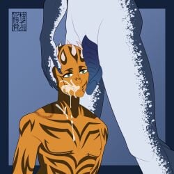 alien bite bite_mark blowjob claws commission cum cum_on_face dathomiri dripping dripping_cum fins green_eyes horns male male/male male_only orange_body orange_skin shark_penis star_wars tattoo tattoos twink yaoi zabrak