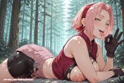 ai ai_art ai_generated anus ass big_ass big_breasts full_nelson green_eyes large_areolae large_breasts naruto naruto_(series) naruto_shippuden pink_hair pussy ripped_clothing robosusensei sakura sakura_haruno sex