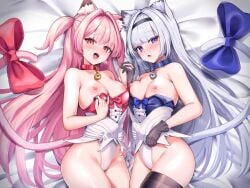 2girls animal_collar animal_ear_fluff animal_ears bed_sheet bell black_gloves black_thighhighs blue_leotard blunt_bangs blush bow breasts cat_ears cat_girl cat_tail center_frills collar frilled_gloves frills gloves grey_hair gu_luco hair_intakes hairband highleg highleg_leotard highres holding_hands large_bow leotard leotard_pull long_hair looking_at_viewer lying multiple_girls neck_bell nipples open_mouth original pink_eyes pink_hair pink_leotard purple_eyes single_thighhigh small_breasts strapless strapless_leotard tail tail_bow tail_ornament teeth thighhighs two_side_up upper_teeth_only very_long_hair