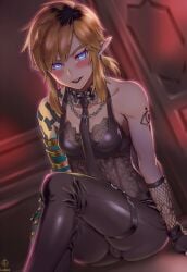 ai ai_art ai_generated almond_eyes androgynous bare_shoulders black_lipstick blue_eyes blush blushing boyfriend chains choker crossdressing crossed_legs cute earrings femboy feminine_male feminization girly girly_boy golden_hair hylian hylian_ears lace_bra latex_clothing latex_legwear link link_(breath_of_the_wild) link_(tears_of_the_kingdom) luxica necktie nintendo novelai rauru's_arm romantic staring_at_viewer tattoo the_legend_of_zelda trap twink visible_bulge