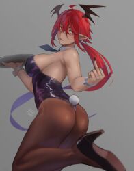 1girls ass fake_rabbit_tail hunyan middle_finger original original_character pantyhose playboy_bunny red_hair sideboob simple_background tanned_skin very_long_hair wrist_cuffs