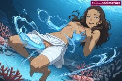 1girl ai_assisted ai_generated air_bubble avatar_the_last_airbender bandaged_leg bandages barefoot blue_eyes blush breast_grab breasts brown_hair bubble coral dark-skinned_female dark_skin female fish grabbing grabbing_own_breast katara long_hair looking_at_viewer navel nickelodeon nicktoons nipples open_mouth patreon pussy small_breasts smile solo stelmazura submerged uncensored underwater vaginal water