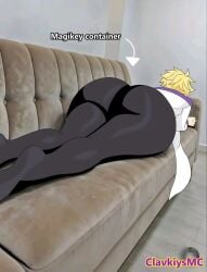 1girls ass back_view black_pantyhose blonde_hair butt clavkiys_mc clavkiys_the_magikey_skyblaster clothing duel_monster female female_only hi_res huge_ass indoors klatina light_skin looking_at_another low-angle_view lying meme pants pantyhose pose rear_view short_hair side_view sofa solo thick_ass thighs younger_female yu-gi-oh!