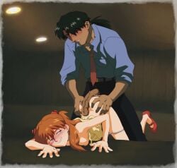 1boy 1girls 2d amondetauro ass belt black_hair blue_shirt blush digital_media dress hair_between_eyes hetero highres kaji_ryouji male_and_female_focus neon_genesis_evangelion orange_hair penis red_shoes shirt shoes smile souryuu_asuka_langley straight yellow_dress