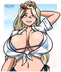 artist_logo artist_name bandage bandage_on_nose beach beach_background bikini bikini_top blonde_female blonde_hair blue_eyes centi_(nikke) dripping dripping_sweat dripping_wet earrings goddess_of_victory:_nikke hand_behind_head long_hair navel nikke silenttandem smiling sunglasses sunglasses_on_head sweat sweatdrop sweating sweaty swimsuit tan_body tan_skin wet wet_shirt wet_t-shirt white_shirt