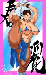 big_breasts boots bra capcom chun-li female lipstick loincloth muscular_female pantyhose spiked_bracelet street_fighter string_bra thong vertical_splits