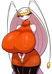 1girls anthro big_breasts blue_eyes breasts clothing female_only game_freak hair hips huge_breasts large_breasts leggings long_hair orange_sweater pheromosa pokemon pokemon_(species) pokemon_sm sigruku solo solo_female sweater thighs white_body white_hair white_skin