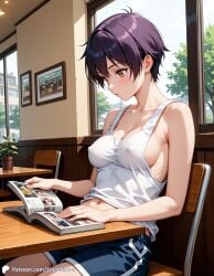 1girls ai_generated book breasts cafe casual casual_nudity cleavage covered_nipples encoder female indoors no_bra public public_exposure public_nudity reading reading_book short_hair shorts sitting sleeveless sleeveless_shirt t-shirt table tomboy window