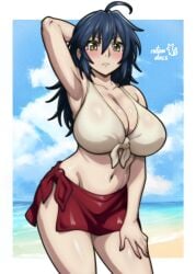 1girl absurdres ahoge arm_behind_head arm_up armpits artist_logo artist_name beach bikini bikini_skirt blue_hair blue_sky blush breasts cleavage cloud commentary commission cowboy_shot downturned_eyes embarrassed english_commentary front-tie_bikini_top front-tie_top frown hair_between_eyes hand_on_own_thigh highres huge_breasts inguinal_crease ko-fi_commission leaning_forward logo looking_at_viewer manyuu_chifusa manyuu_hikenchou medium_hair navel ocean red_bikini rotomdocs sidelocks sky solo standing stomach swimsuit v-shaped_eyebrows white_bikini