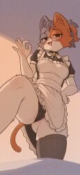anthro black_panties blush cate_meowdy_(fortnite) dress_lift drooling fortnite from_below glasses looking_back maid panties pov pussy pussy_visible_through_clothes see-through_panties skirt_lift stockings thick_thighs thighhighs upskirt