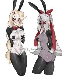 2girls angel ass big_ass big_breasts blonde_hair blush bow_ribbon breasts canon_couple charlie_morningstar_(hazbin_hotel) demon duo female female_only grey_body hazbin_hotel open_mouth open_smile partially_clothed red_eyes smile teeth thick_thighs vaggie_(hazbin_hotel) white_body white_hair