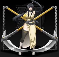 1girl bare_shoulders belt black_hair blue_eyes boots breasts choker cleavage_cutout clothing_cutout female_focus gloves highres large_breasts long_hair looking_at_viewer nakatsukasa_tsubaki scythe solo soul_eater thick_thighs thighhighs thighs very_long_hair weapon