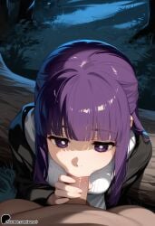 1boy 1girl ai_generated bangs blunt_bangs campfire eyebrows_visible_through_hair fellatio fern_(sousou_no_frieren) frieren_beyond_journey's_end hetero long_hair looking_at_viewer night oral outdoors penis pov purple_eyes purple_hair school_uniform shirt skirt solo_focus sousou_no_frieren sunori tree uncensored