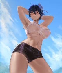 1girls aged_up alternate_breast_size armpits blue_hair blush bow hunyan light-skinned_female looking_at_viewer navel nisekoi outdoors red_eyes short_hair shorts toned toned_body toned_female tsugumi_seishirou white_topwear