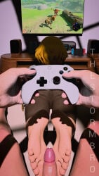 1boy 1girl 3d_(artwork) barefoot blender_(software) blender_cycles breath_of_the_wild elf_girl feet foot_fetish foot_focus footjob holding_game_controller lying_on_stomach nintendo nintendo_switch on_bed playing_videogame princess_zelda the_legend_of_zelda thestormbro toes while_playing_videogame zelda_(breath_of_the_wild)