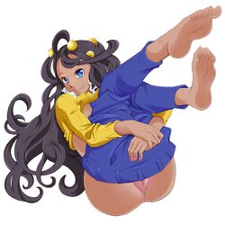 ass blue_eyes dahlia_(pokemon) dark-skinned_female dark_skin egoooist feet female human human_only long_hair nintendo nopan pants_down pokemon pussy smile solo